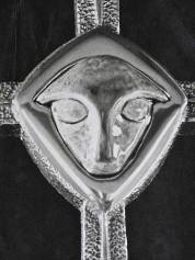 Detail - Cross and Candlesticks (includes detail of ceramic AGNUS DEI) - Cast aluminium / ceramic 1959. Collection - The Church of the Ascention, Brookfield, Preston, Lancashire