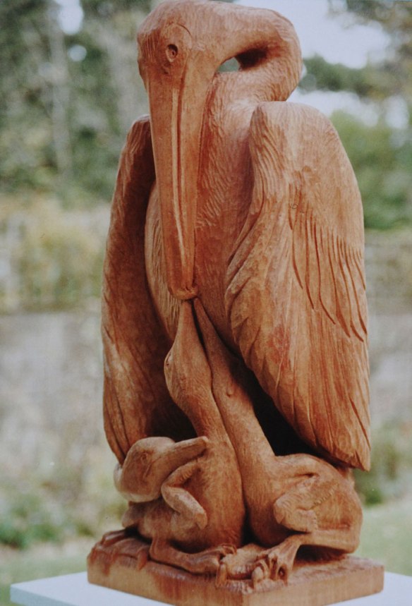 Pelican in Her Piety - African mahogany 1990. 69 x 29 x 22cm. Available